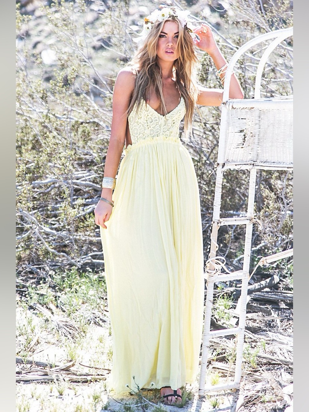 Lace Bodice Yellow Maxi Dress with Spaghetti Straps